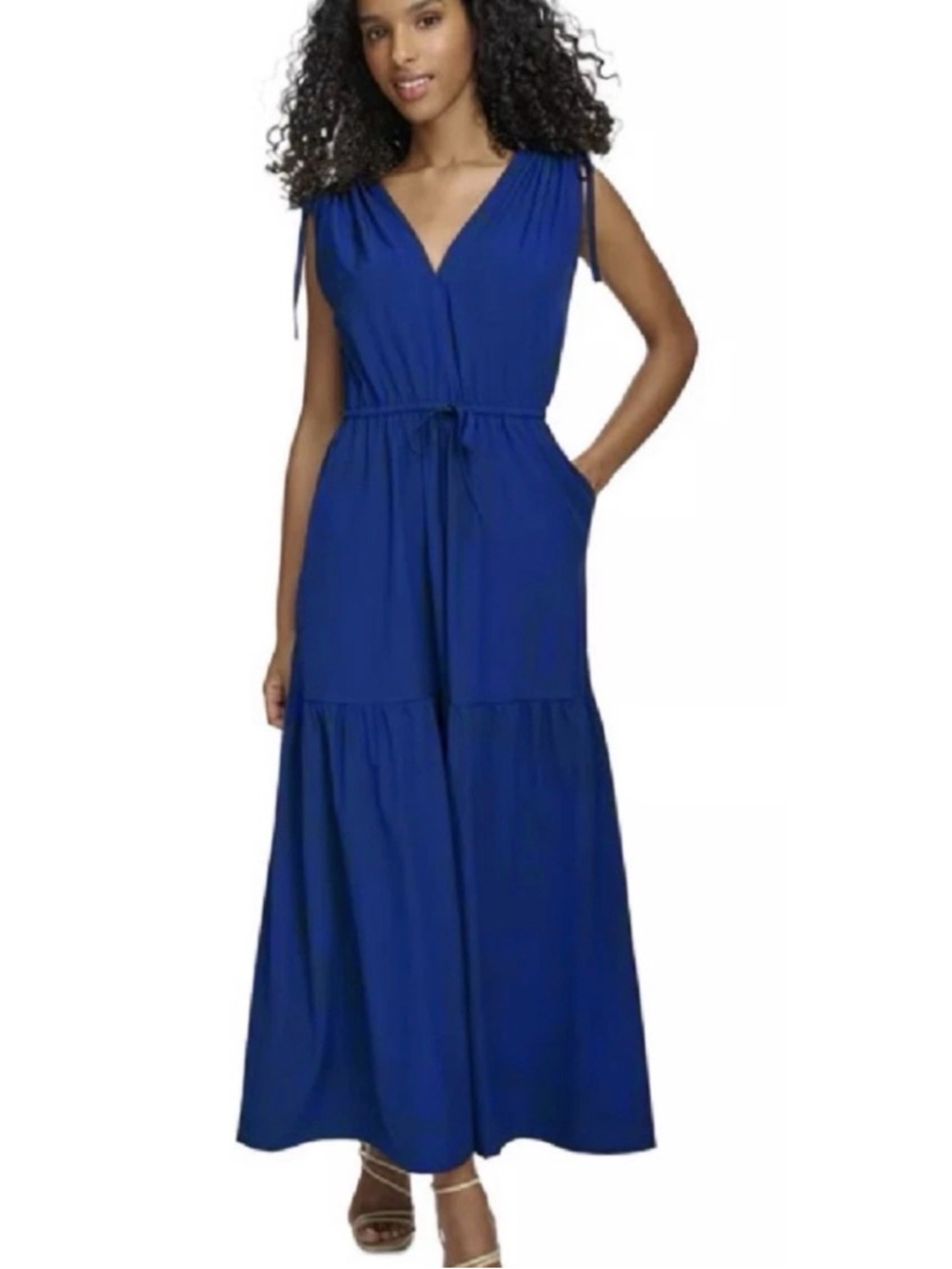 NWT Calvin Klein Sleeveless V-Neck Tiered Skirt  Maxi Dress Royal Blue Size 16